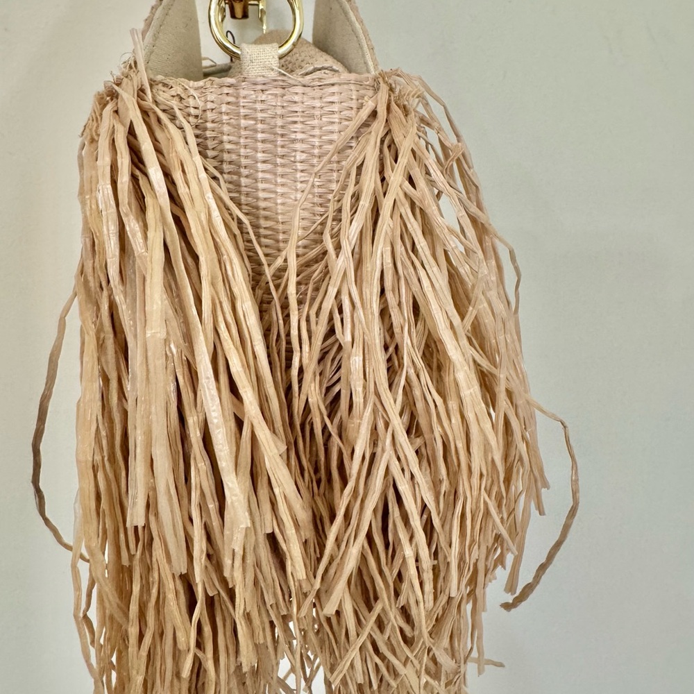Mango Beige Straw Fringe Round Shoulder Bag with Bamboo Handle - Picture 2 of 4